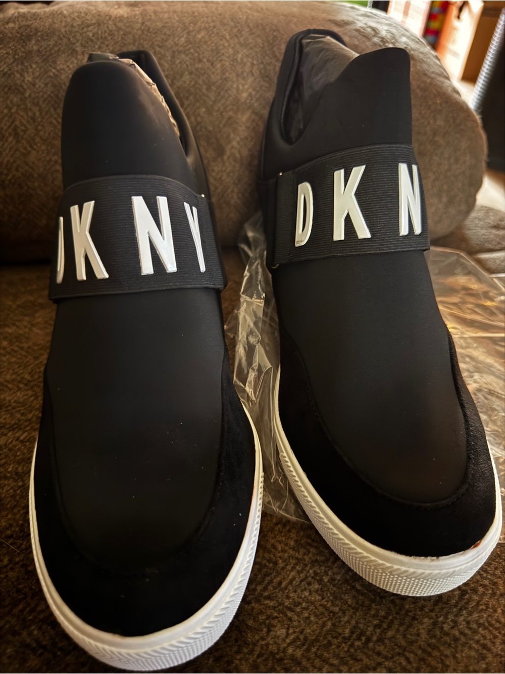 DKNY Black Slip-On Loafers with White Logo Band